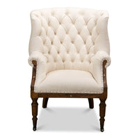 Front view of tufted Georgian barrel back chair.