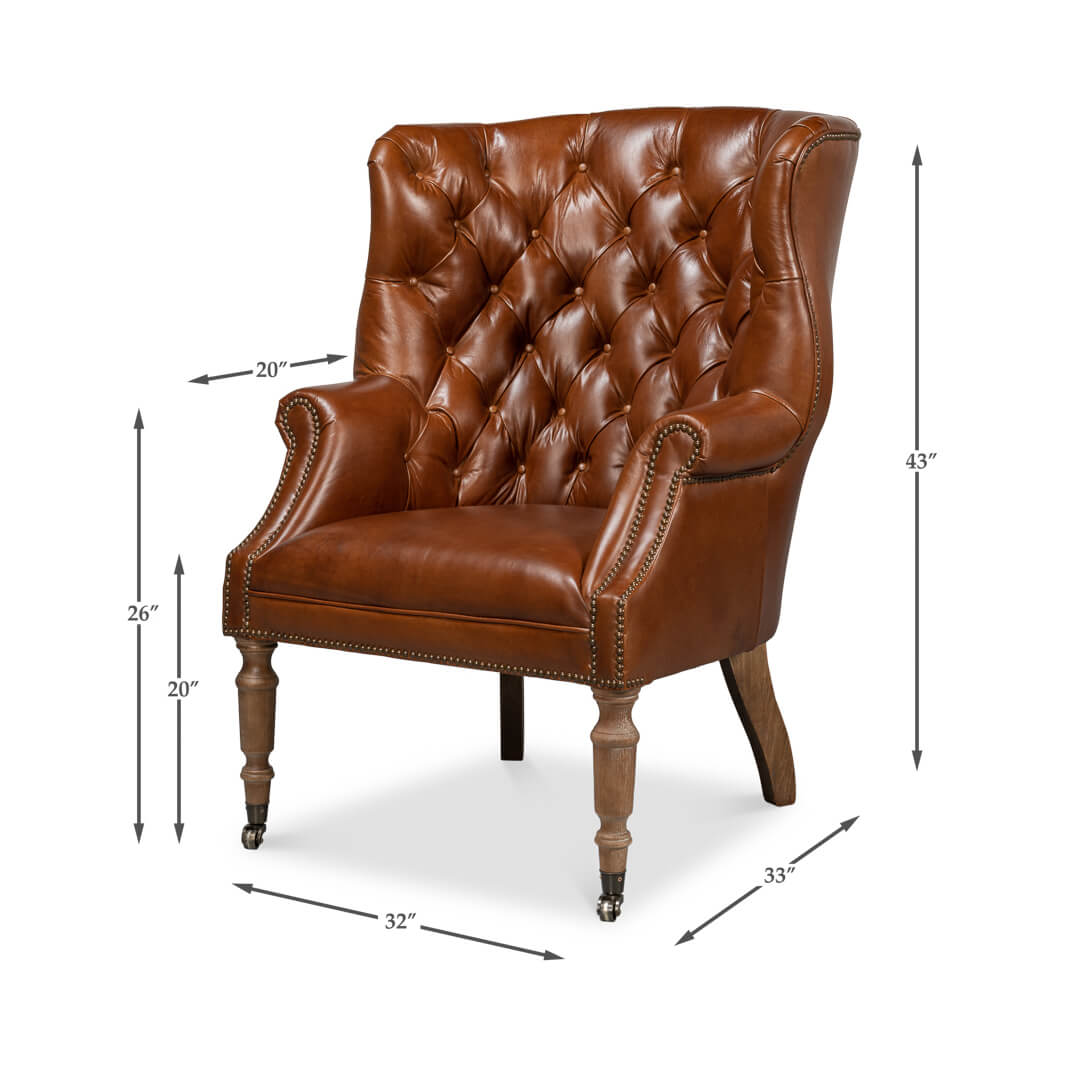 Dimensions of brown leather tufted wingchair.