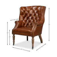 Dimensions of brown leather tufted wingchair.