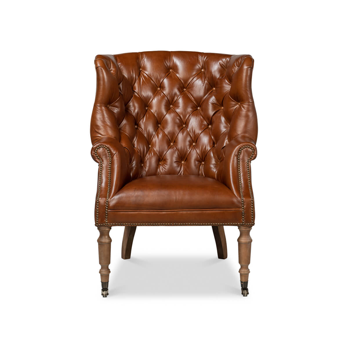 Front view of tufted leather wingchair.