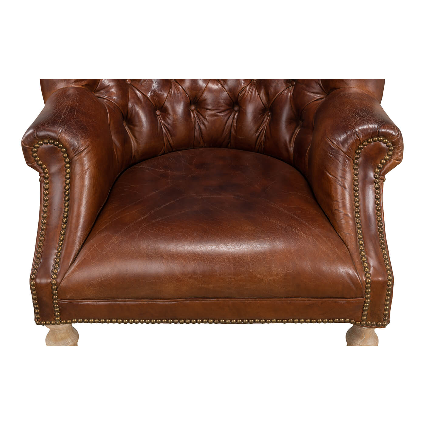 Front seat view of leather wingchair.