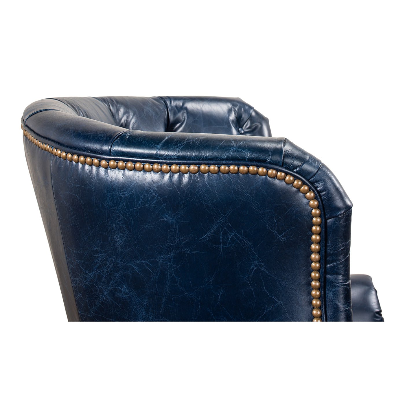 Top view of blue wingchair's back detail.