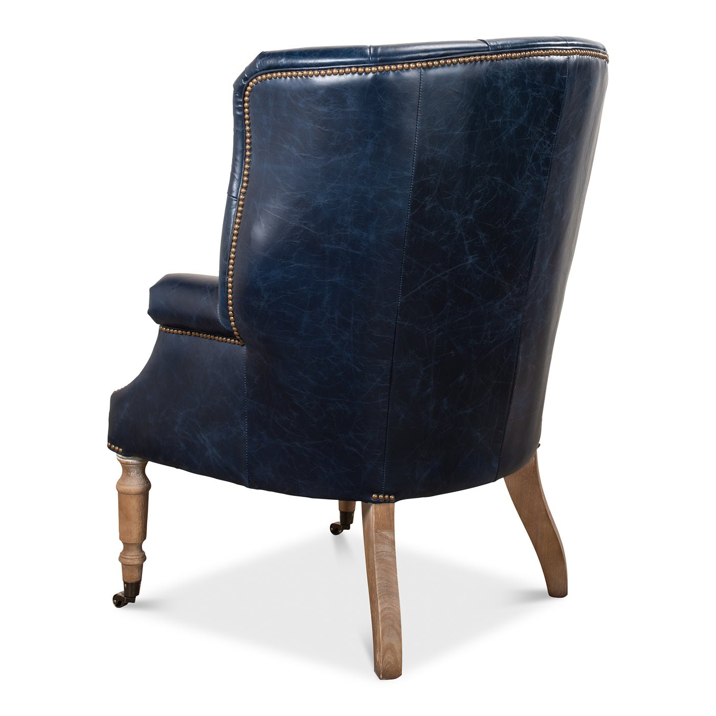 Rear side angle of blue wingchair.