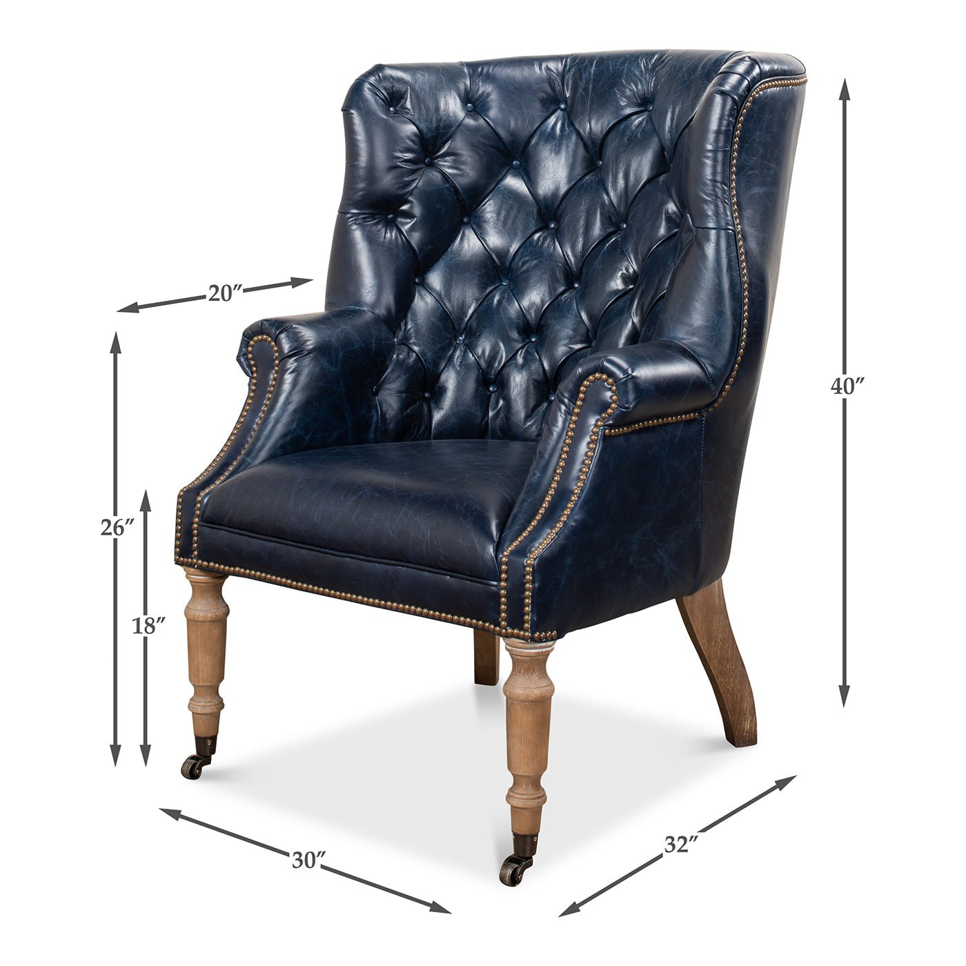 Blue wingchair with dimensions listed, angled view.