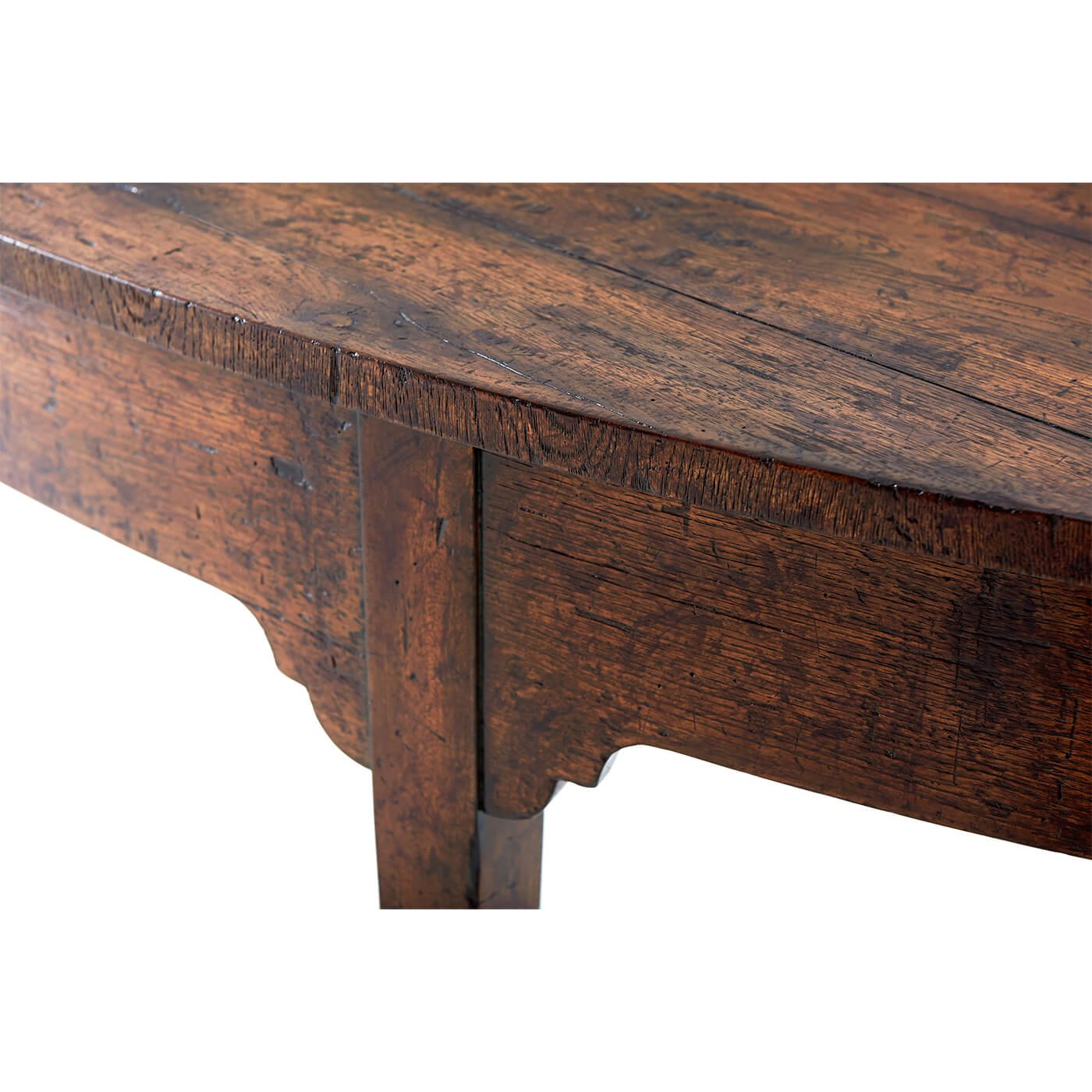 Close-up of Georgian console table edge and grain detail.