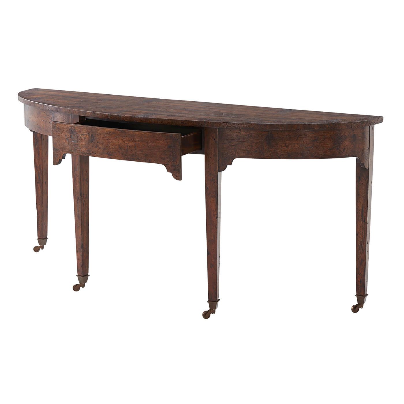 Georgian console table with open drawer on wheels.