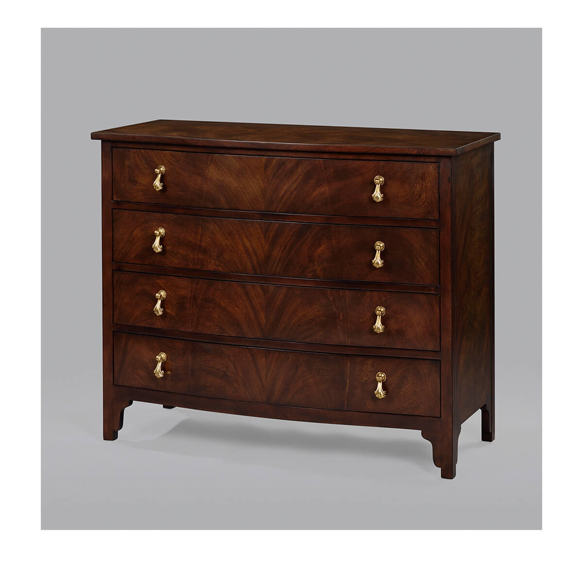 Front view of Georgian bowfront mahogany chest, gray background.