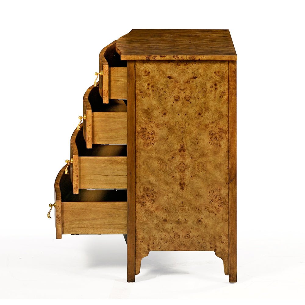 Side view, drawers open, showcasing wood grain.