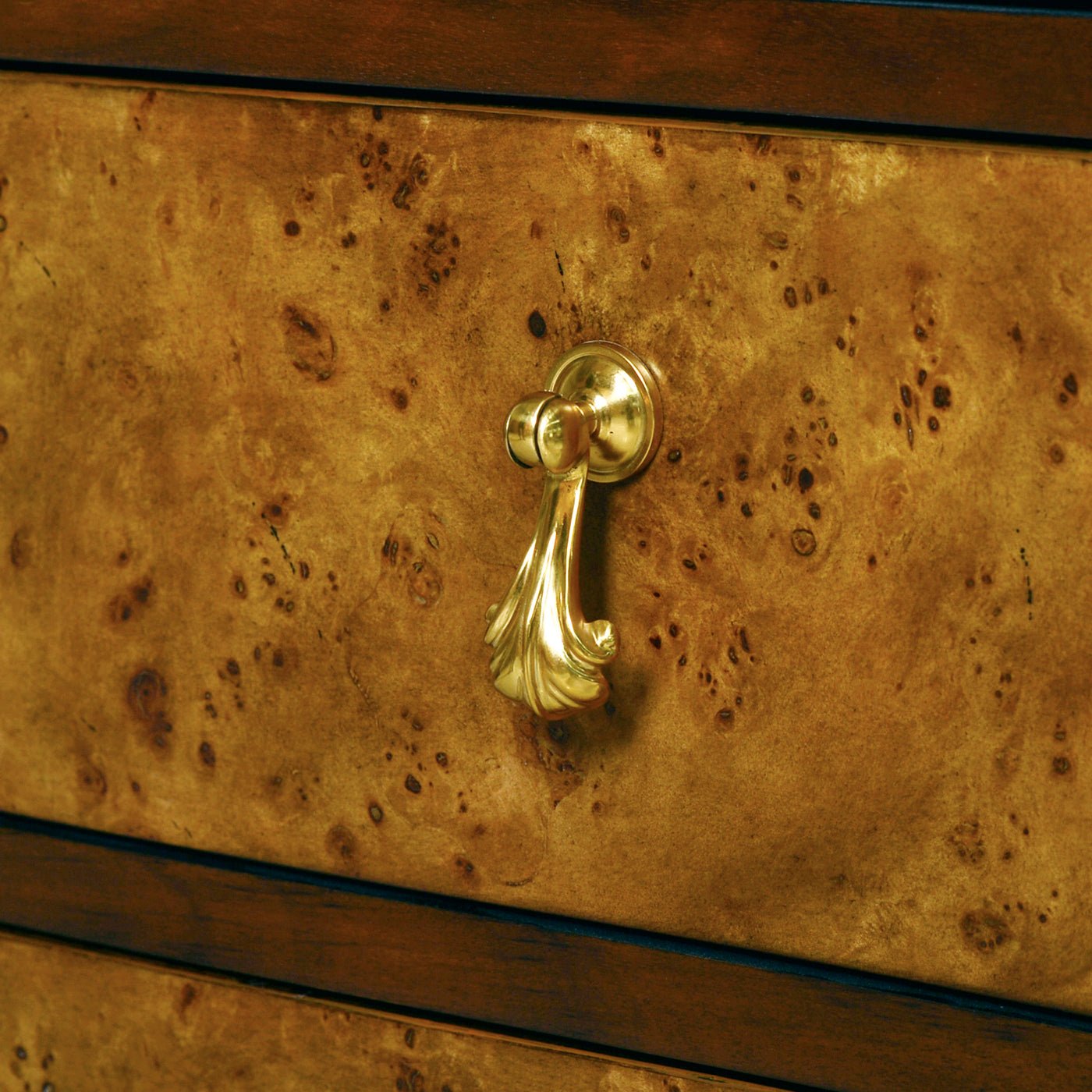 Close-up of elegant handle on burl chest.