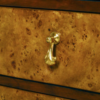 Close-up of elegant handle on burl chest.
