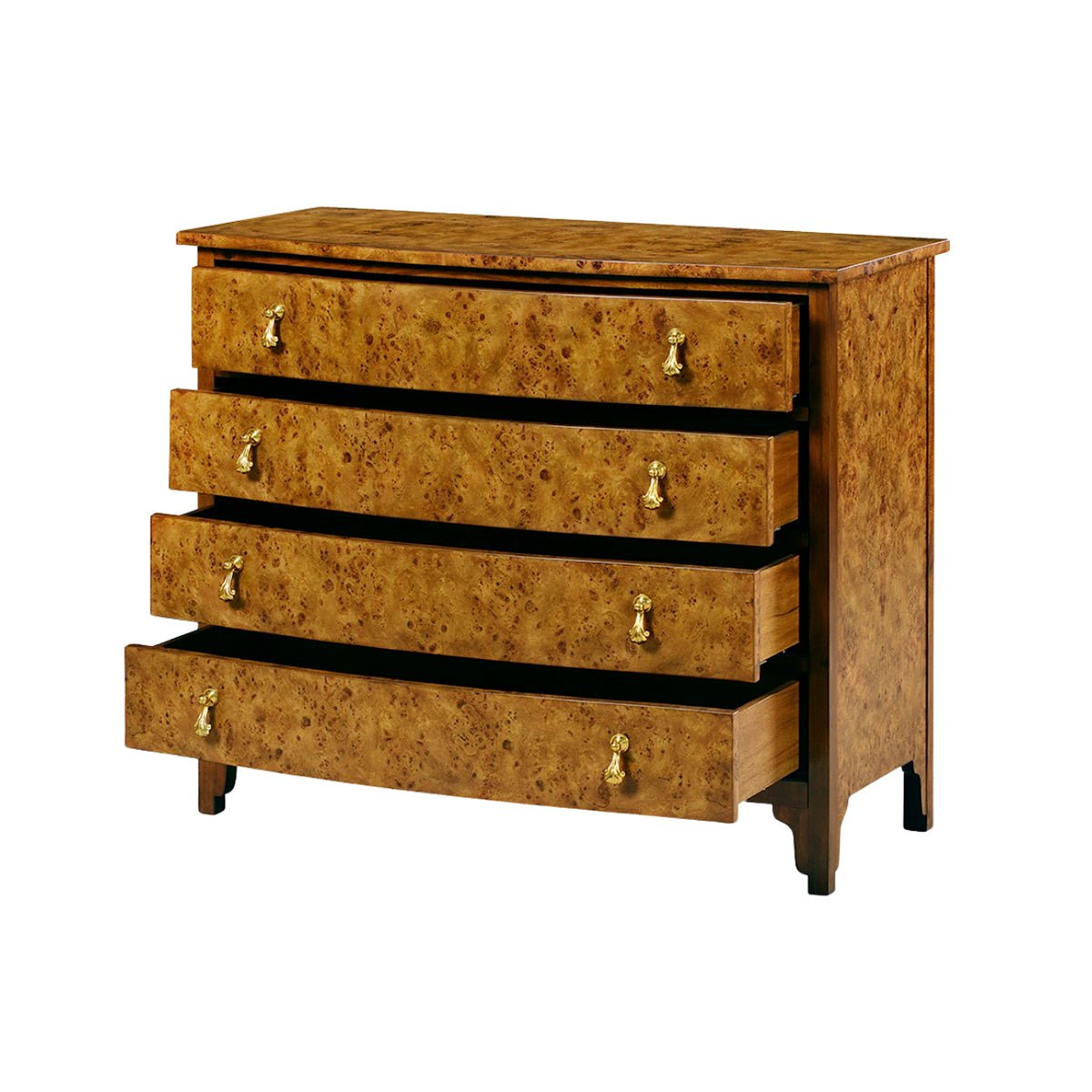 All drawers open in wooden bowfront dresser.
