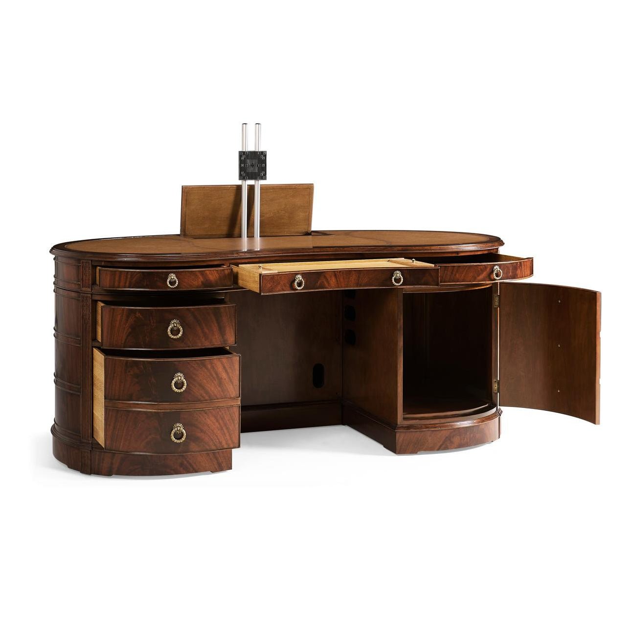 Open drawers Georgian kidney-shaped executive desk.