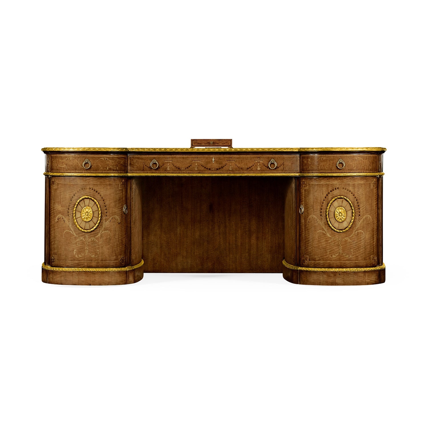Georgian desk straight view displaying decorative circular motifs.
