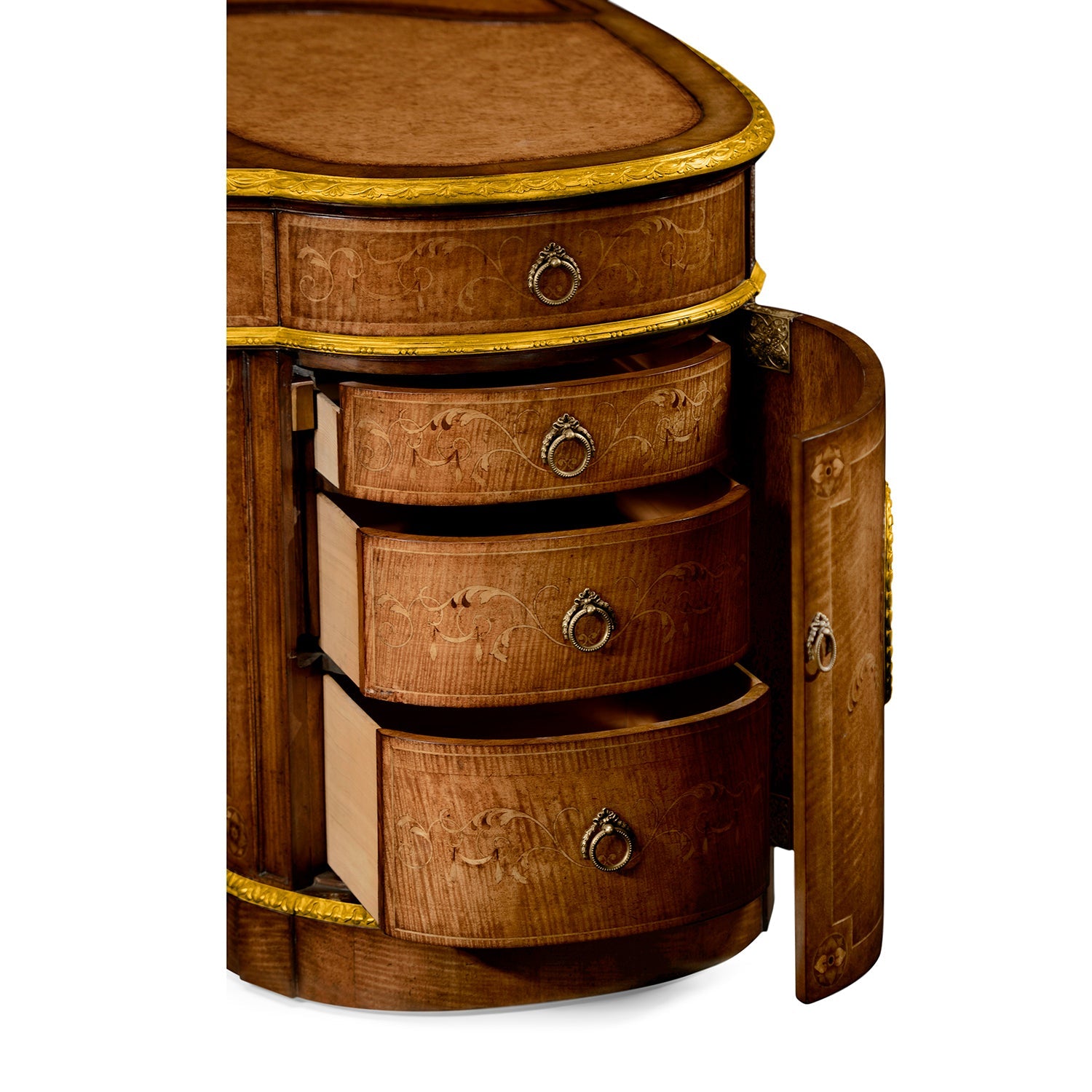 Detailed view of Georgian desk's open drawers on left.