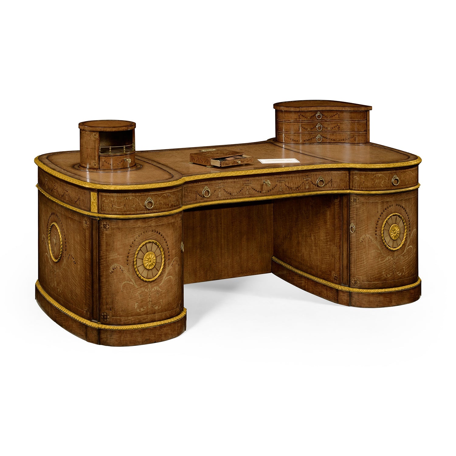 Elegant Georgian desk angled front view with storage details.