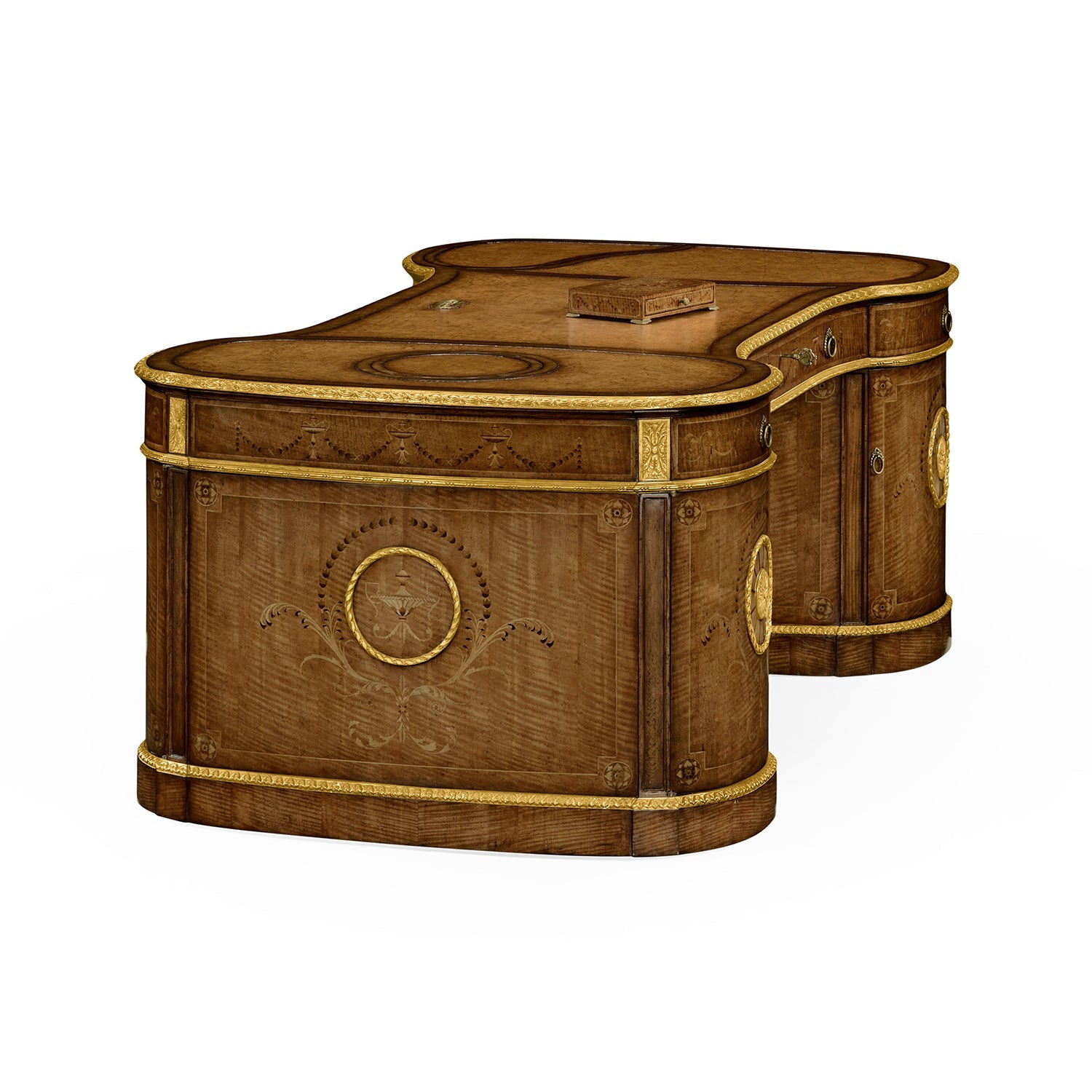 Side view of Georgian desk showcasing intricate woodwork patterns.
