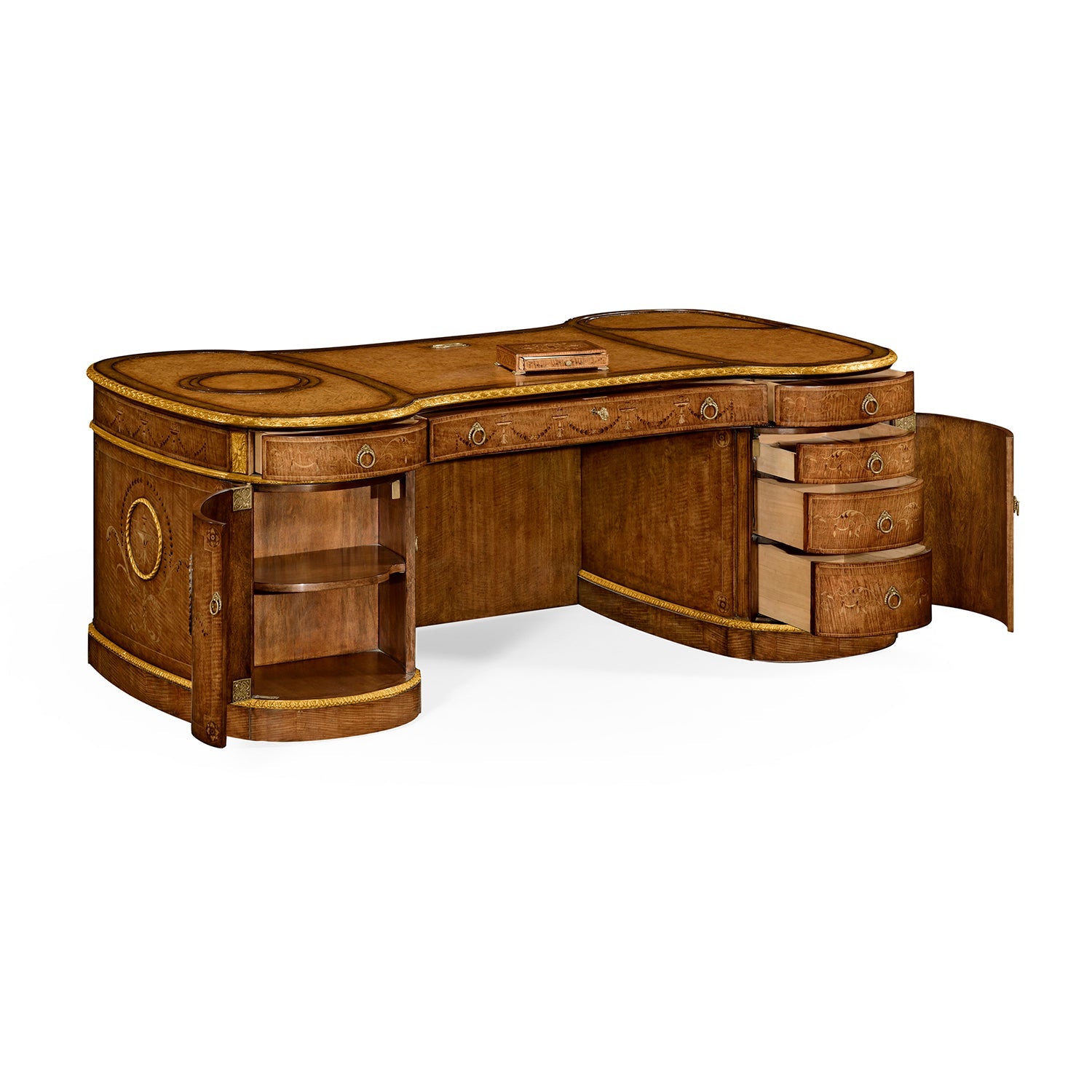 Georgian desk with open side shelves and visible drawers.
