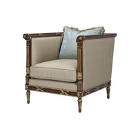 Front angle of Georgian mahogany armchair with cushion.