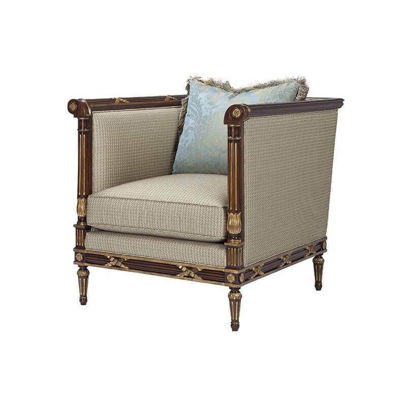 Front angle of Georgian mahogany armchair with cushion.