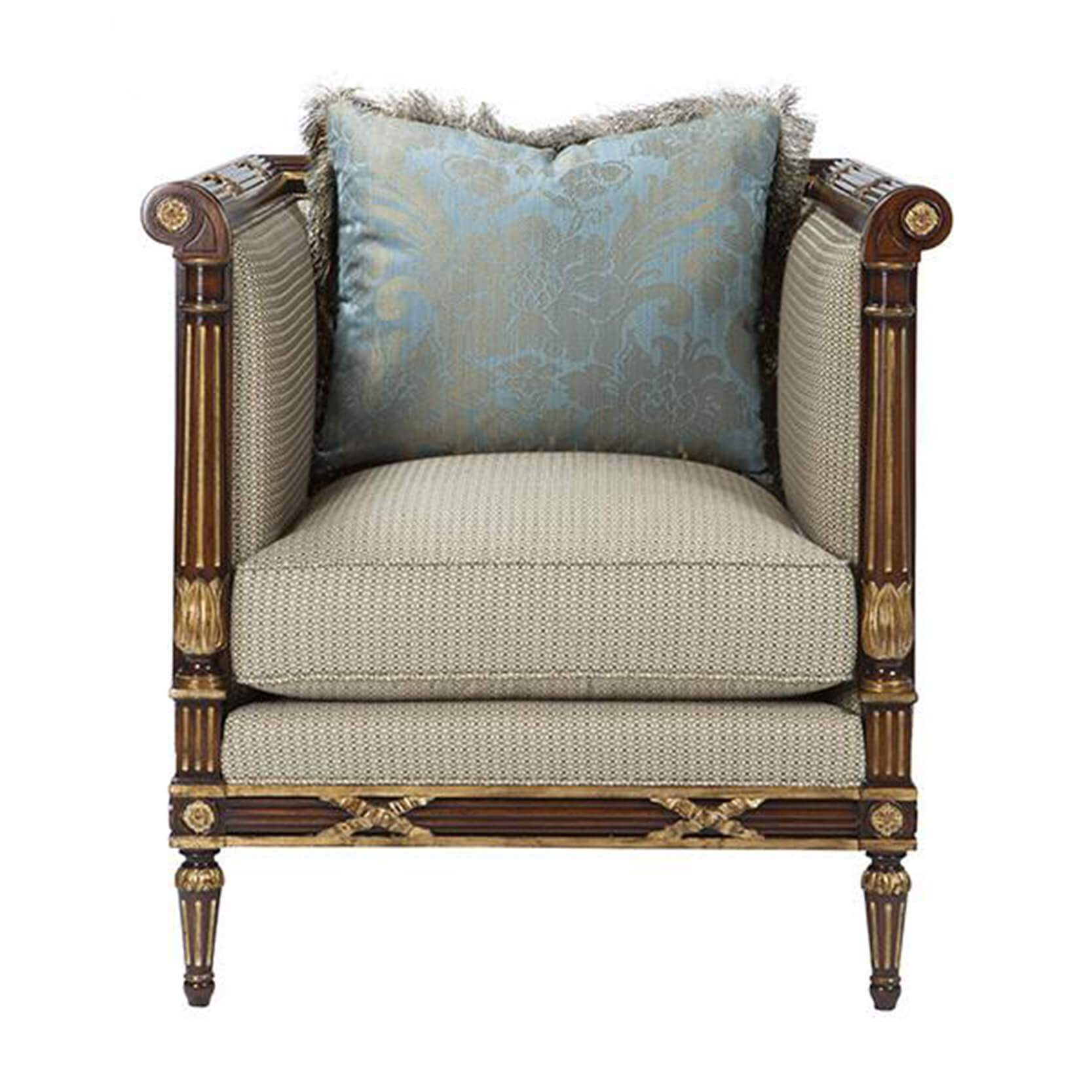 Front view of Georgian mahogany armchair, decorative pillow.