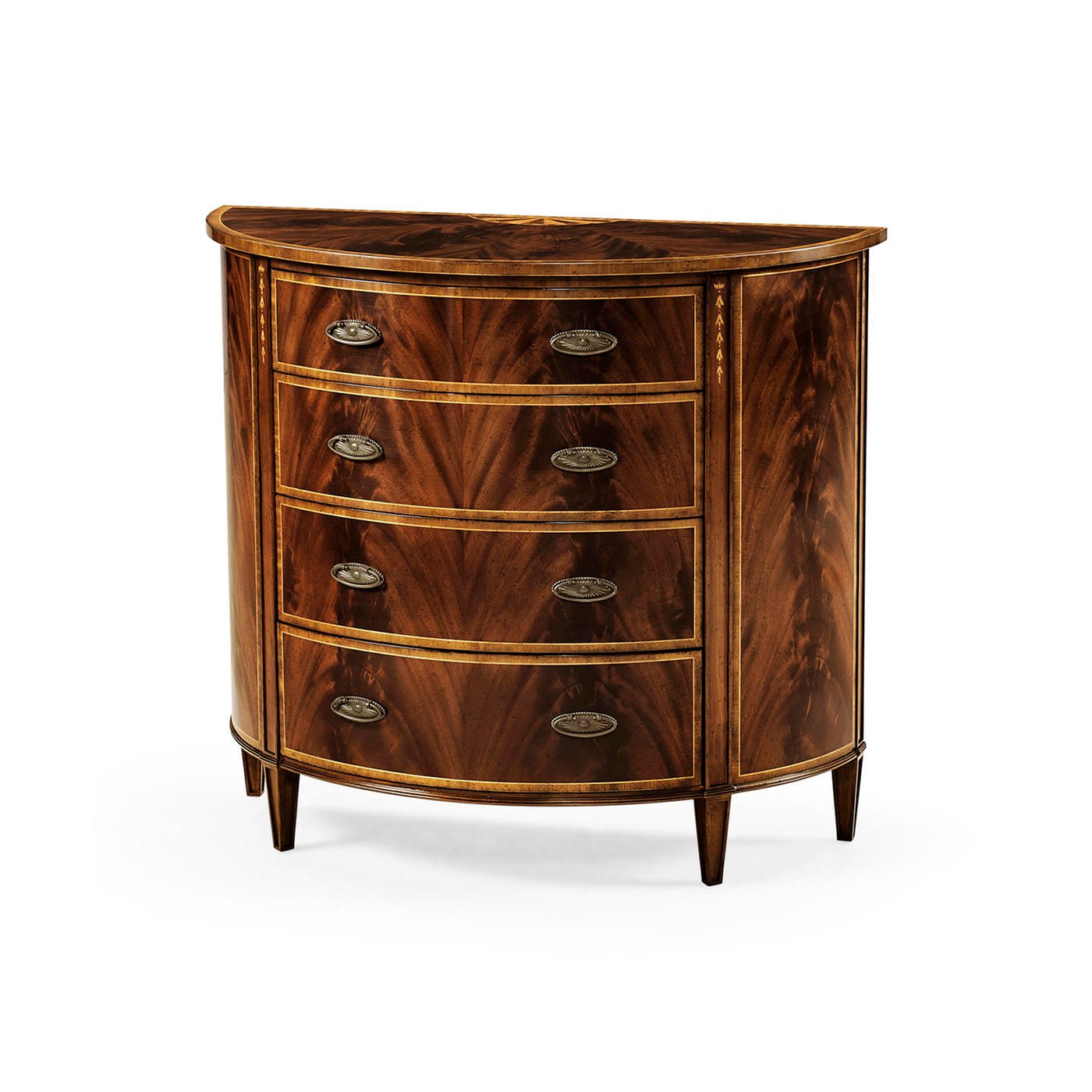 Demilune chest of drawers, front view with closed drawers.