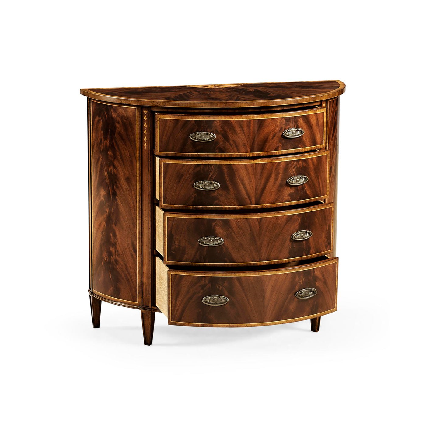 Demilune chest of drawers, side view with open drawers.