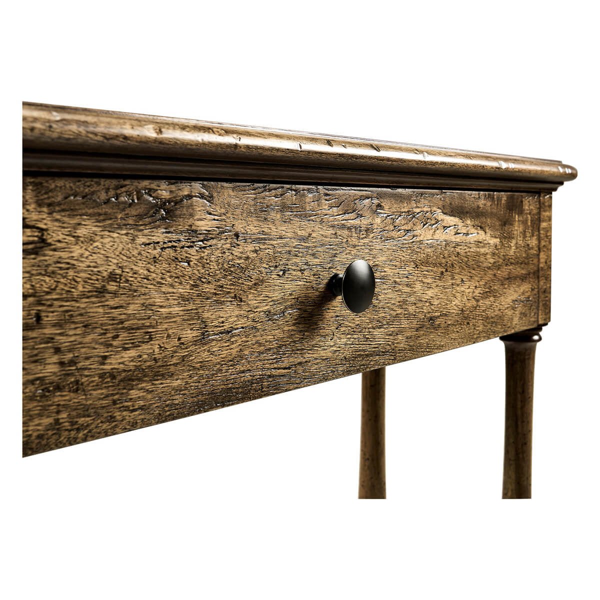 Drawer and knob close-up on rustic driftwood console table.