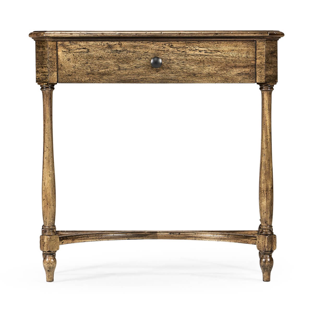 Front view of rustic driftwood console table with knob.