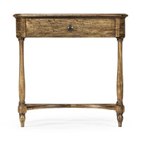 Front view of rustic driftwood console table with knob.