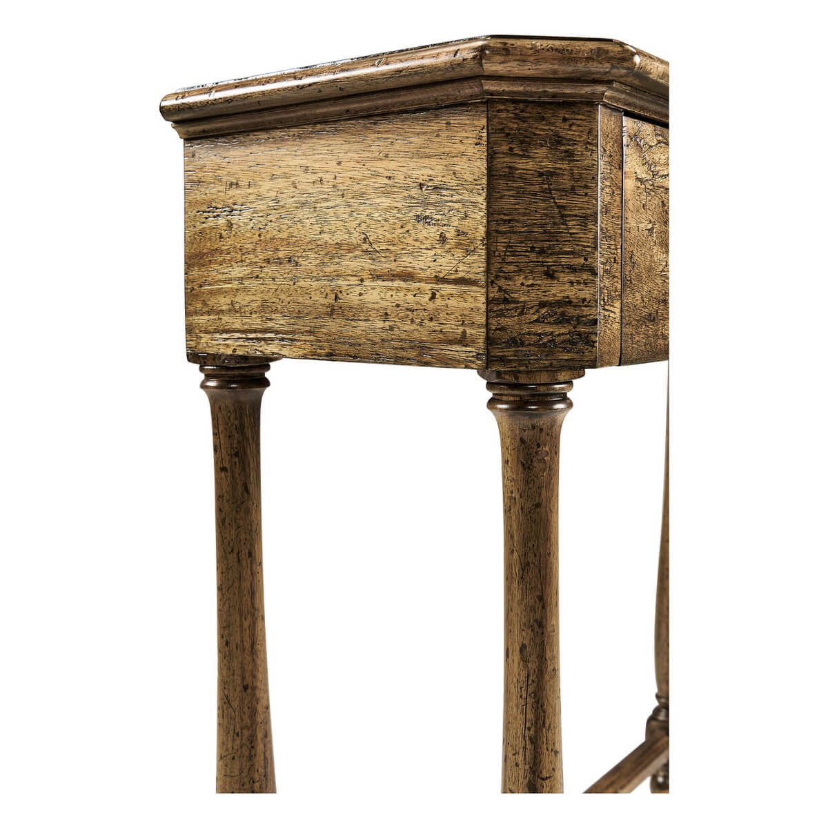 Close-up of side detailing on driftwood console table.