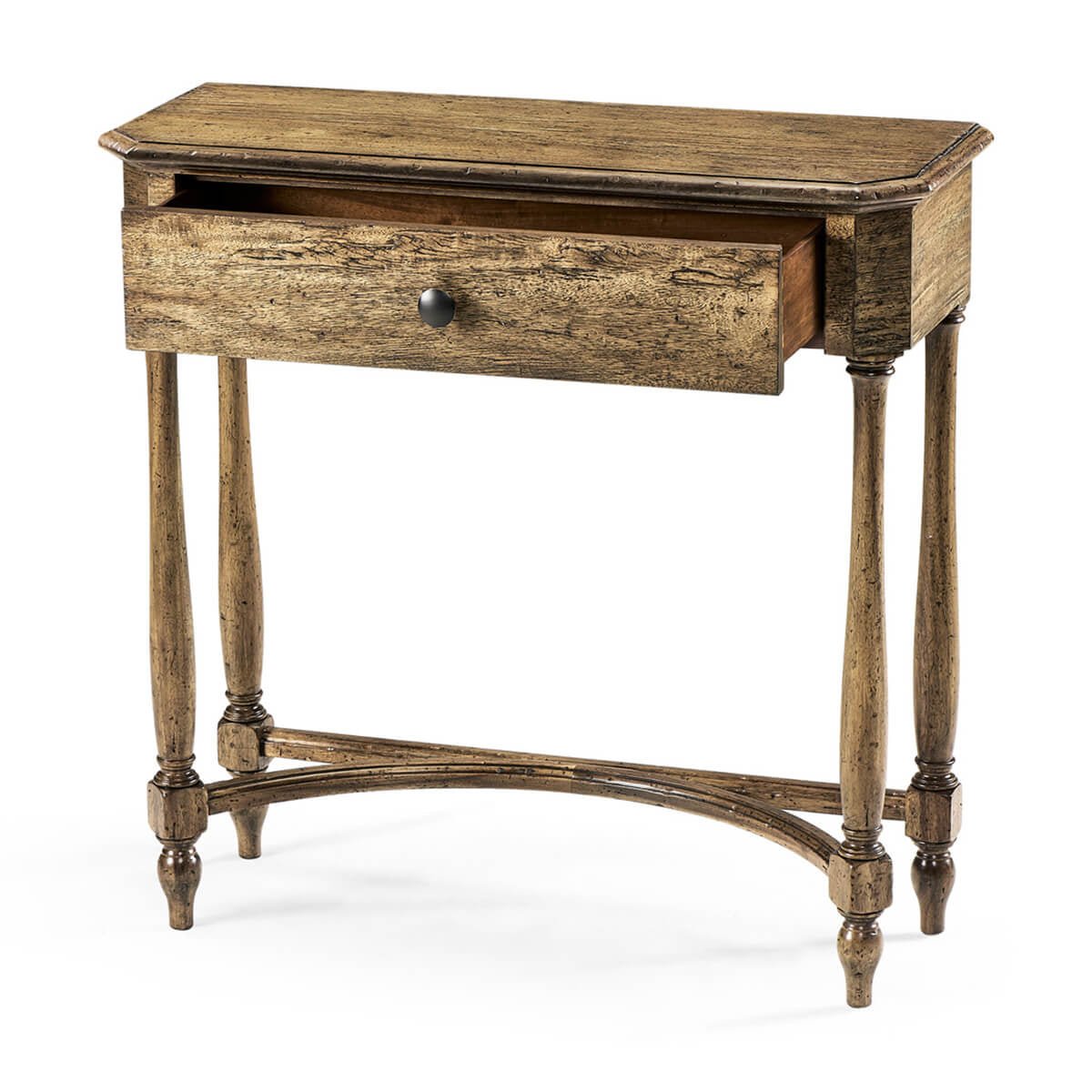 Console table with open drawer, rustic driftwood design.