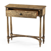 Console table with open drawer, rustic driftwood design.