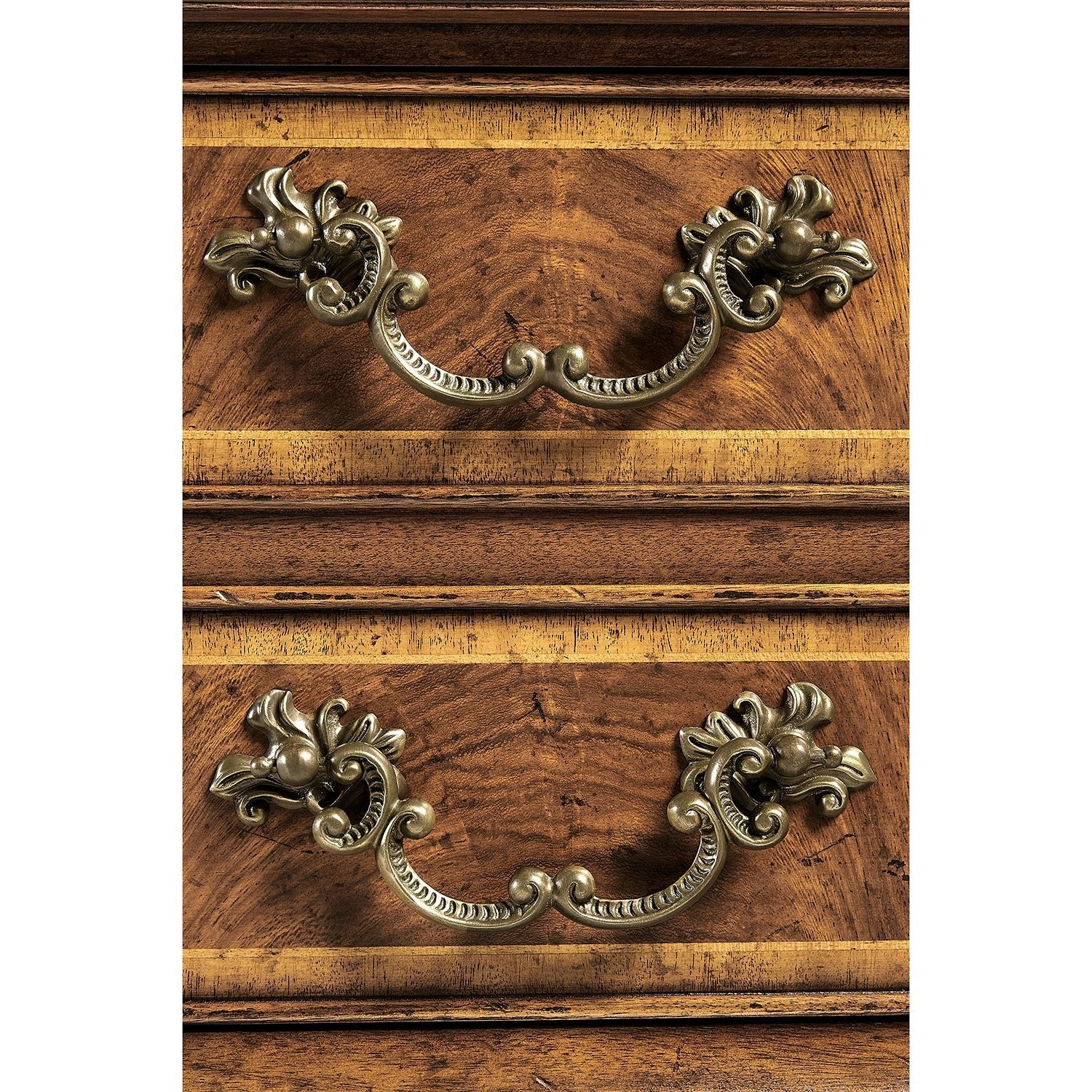 Close-up of ornate handles, Georgian walnut desk