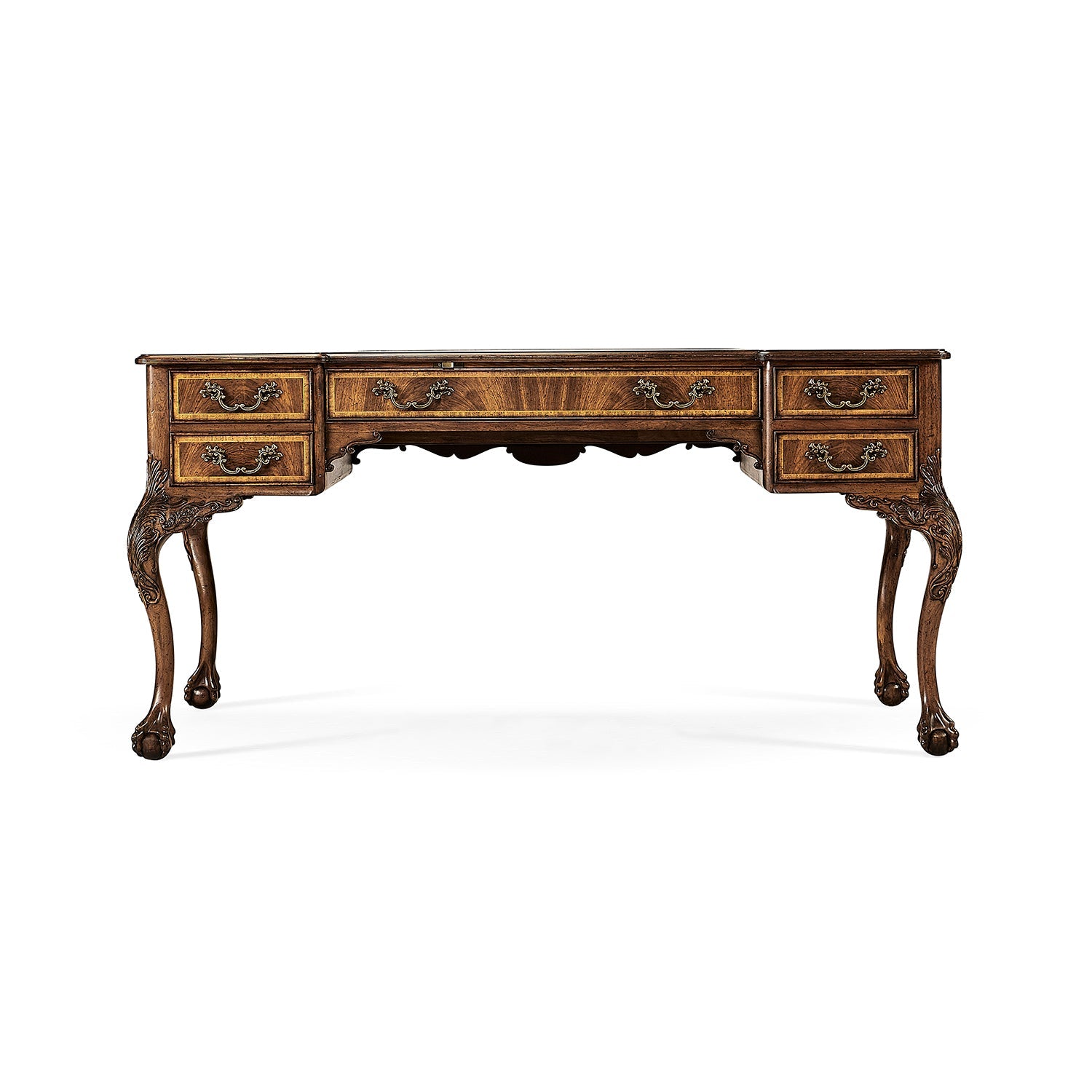 Georgian style walnut desk, front view, drawer details