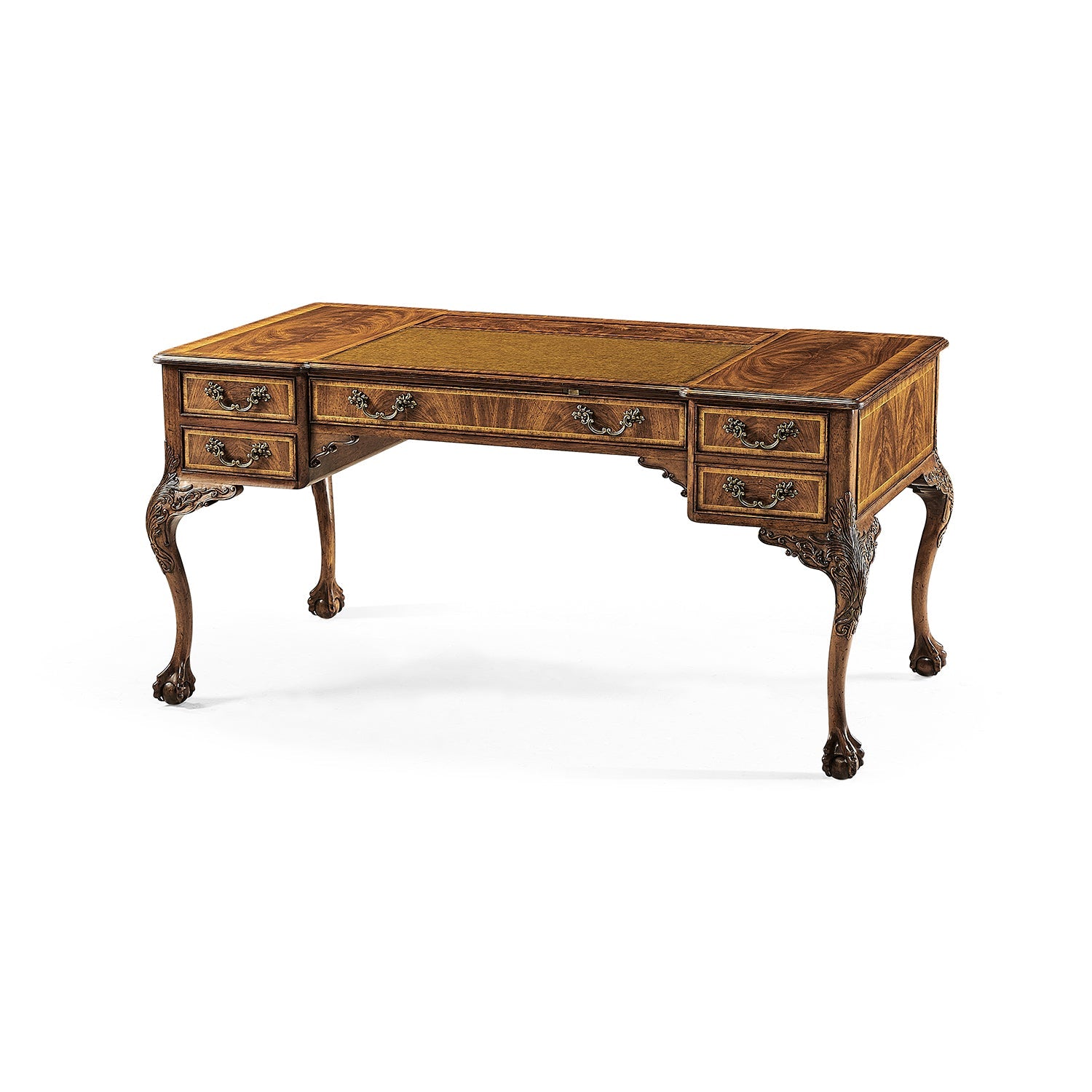 Georgian walnut desk, leather top view, angled perspective