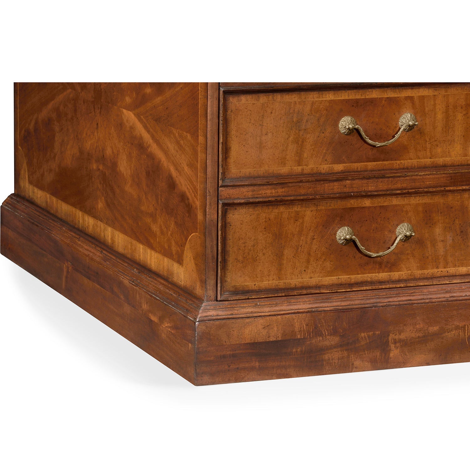 Base of walnut partners desk with drawer details visible.