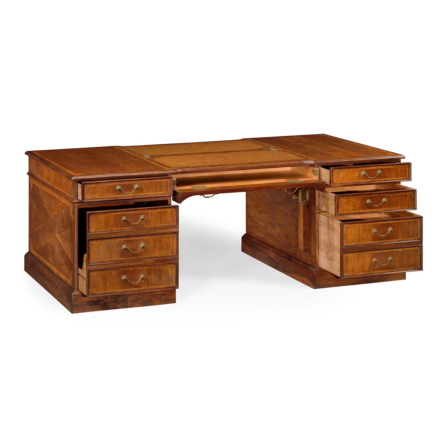 Walnut partners desk, full view with drawers slightly open.