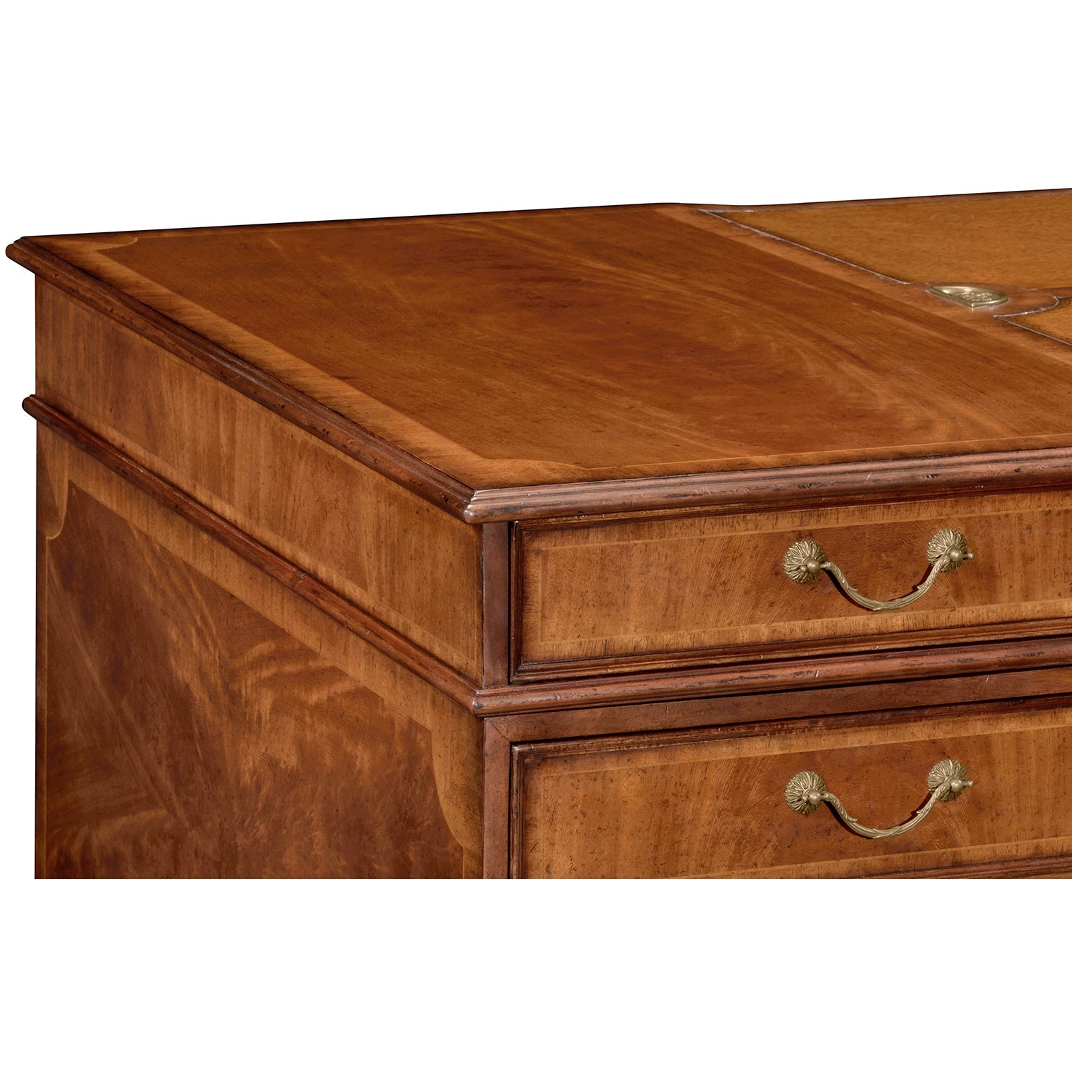 Close-up of desk corner showing wood texture and craftsmanship.