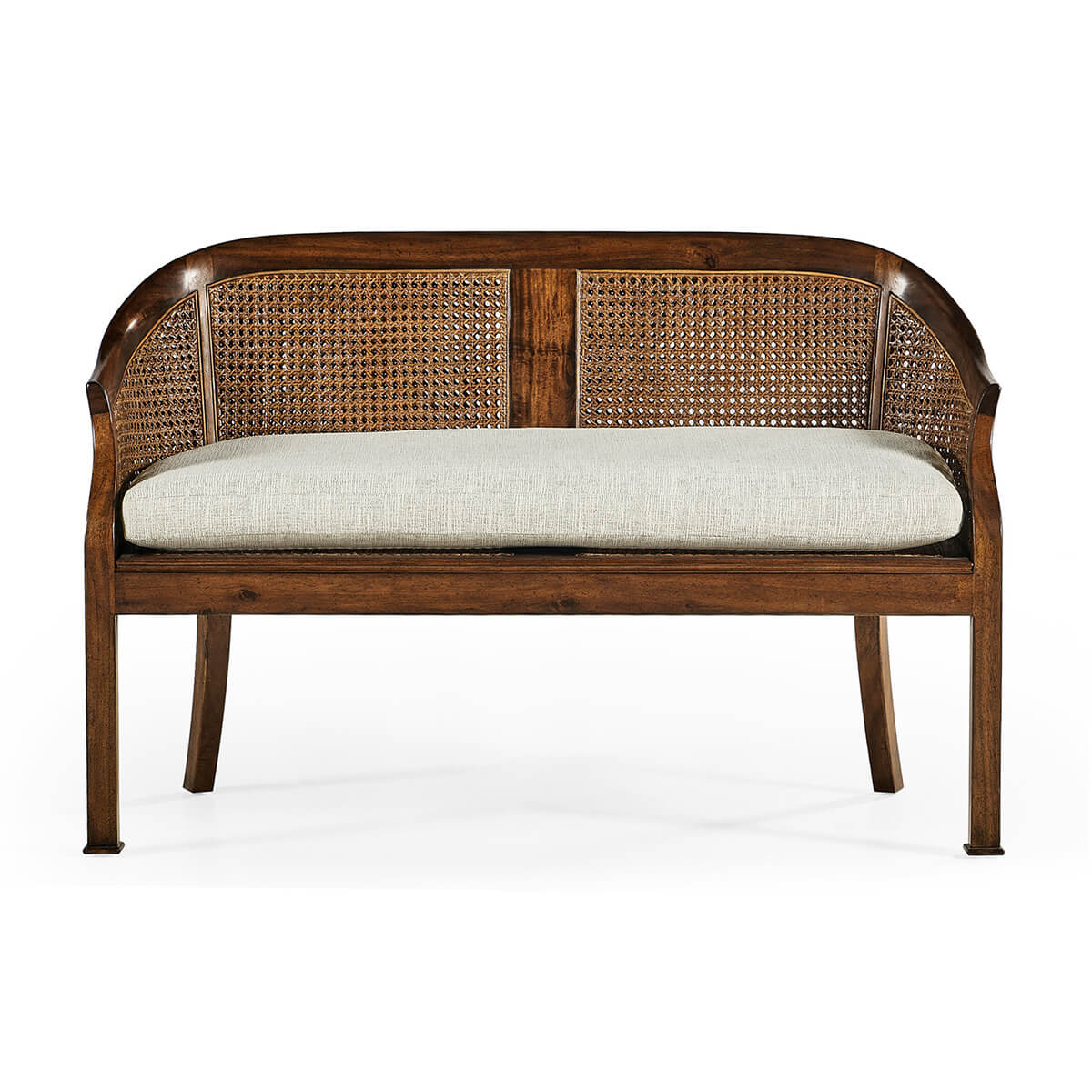 Wooden bench with cane detailing, straight front view.