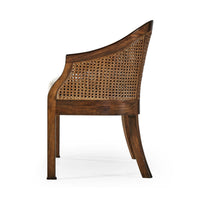 Wooden bench with cane side panel, side profile.