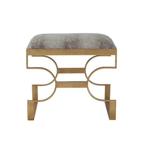Front view of gilt steel upholstered stool design.