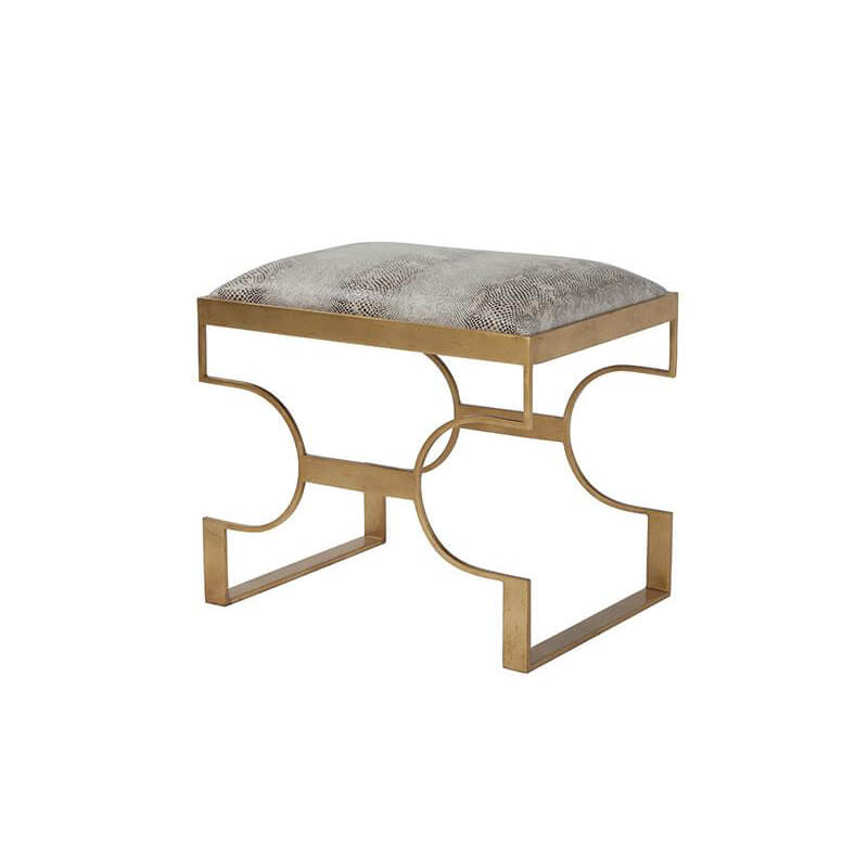 Gilt steel upholstered stool with decorative geometric base.