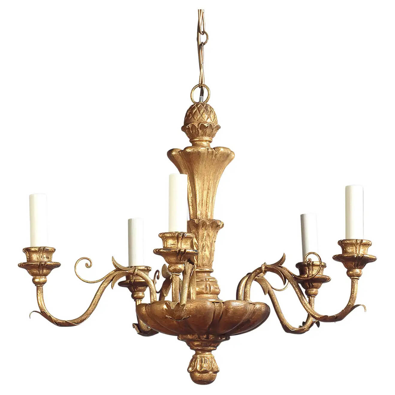 Giltwood Rococo chandelier with five lights, full view.