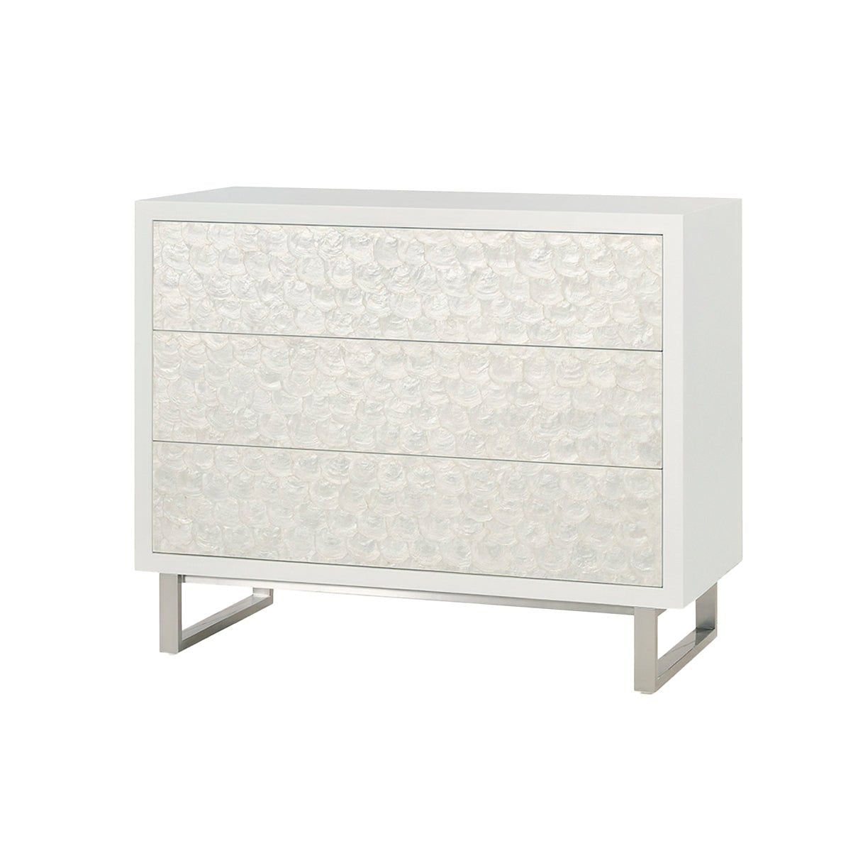 Glam minimalist chest of drawers, angled front view.