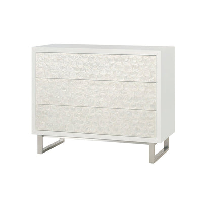 Glam minimalist chest of drawers, angled front view.
