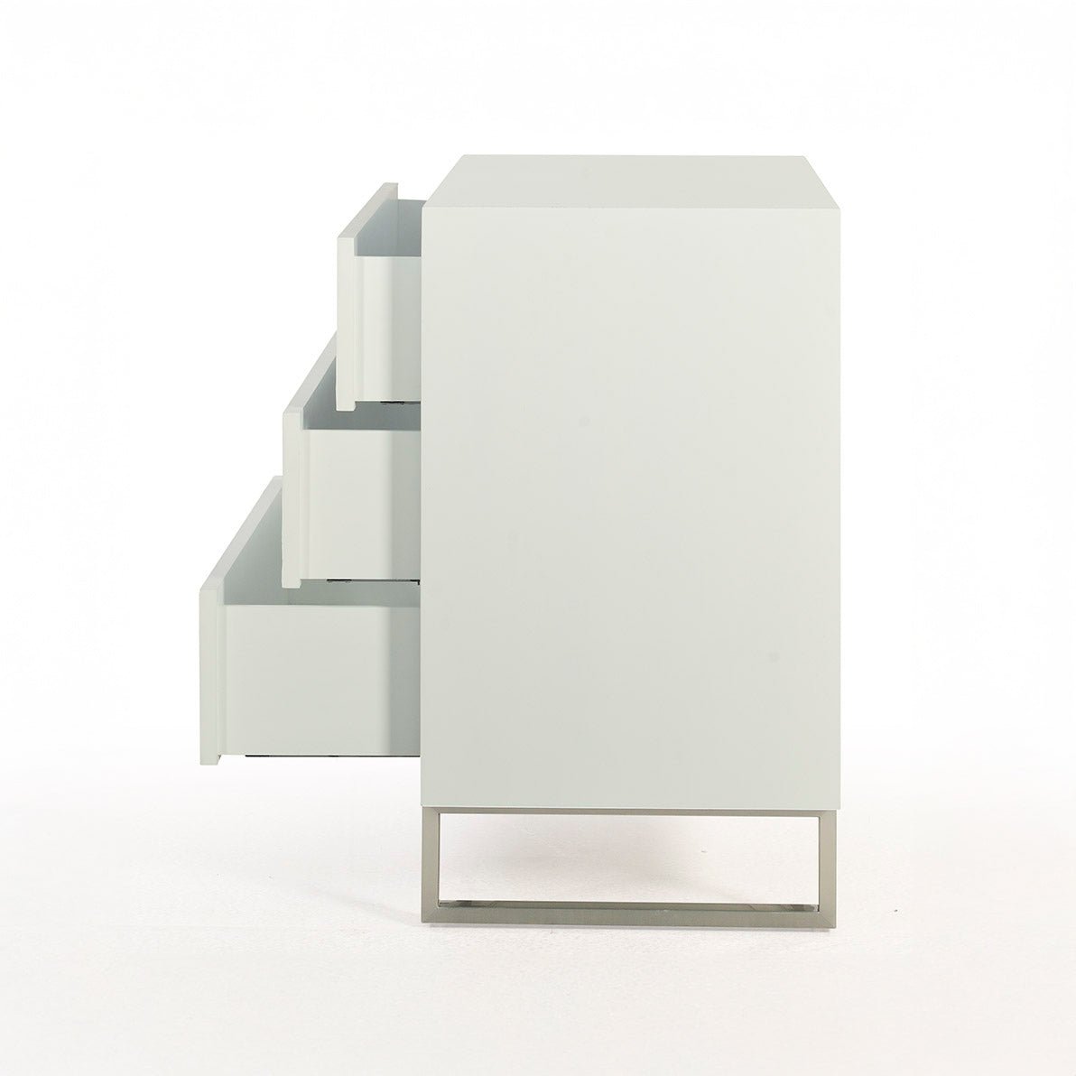 Side view of glam minimalist chest of drawers.
