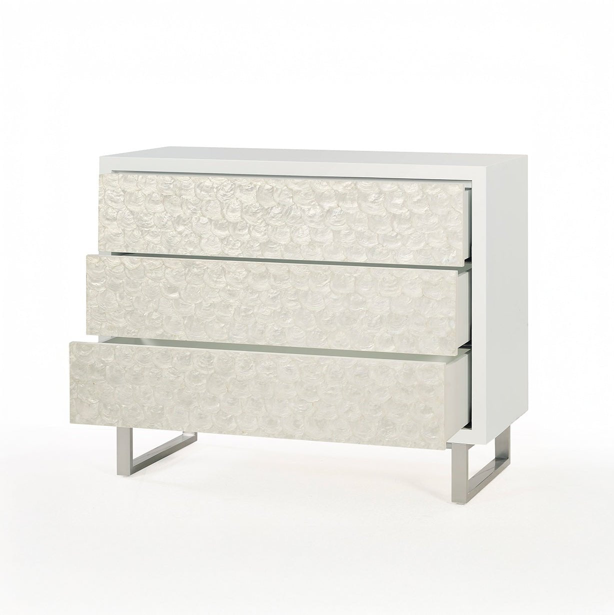Open drawers on glam minimalist chest of drawers.