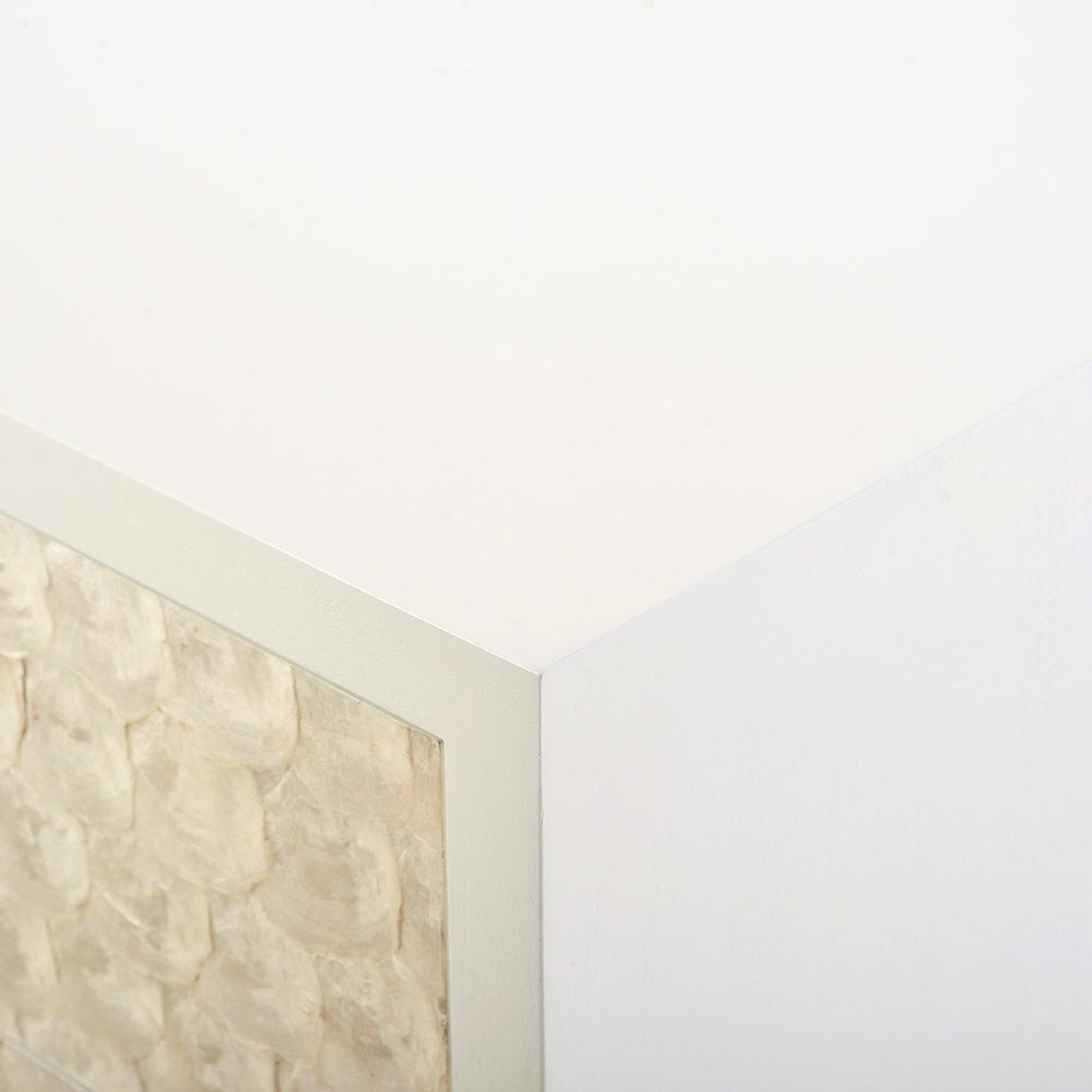Corner detail, glam minimalist chest of drawers.