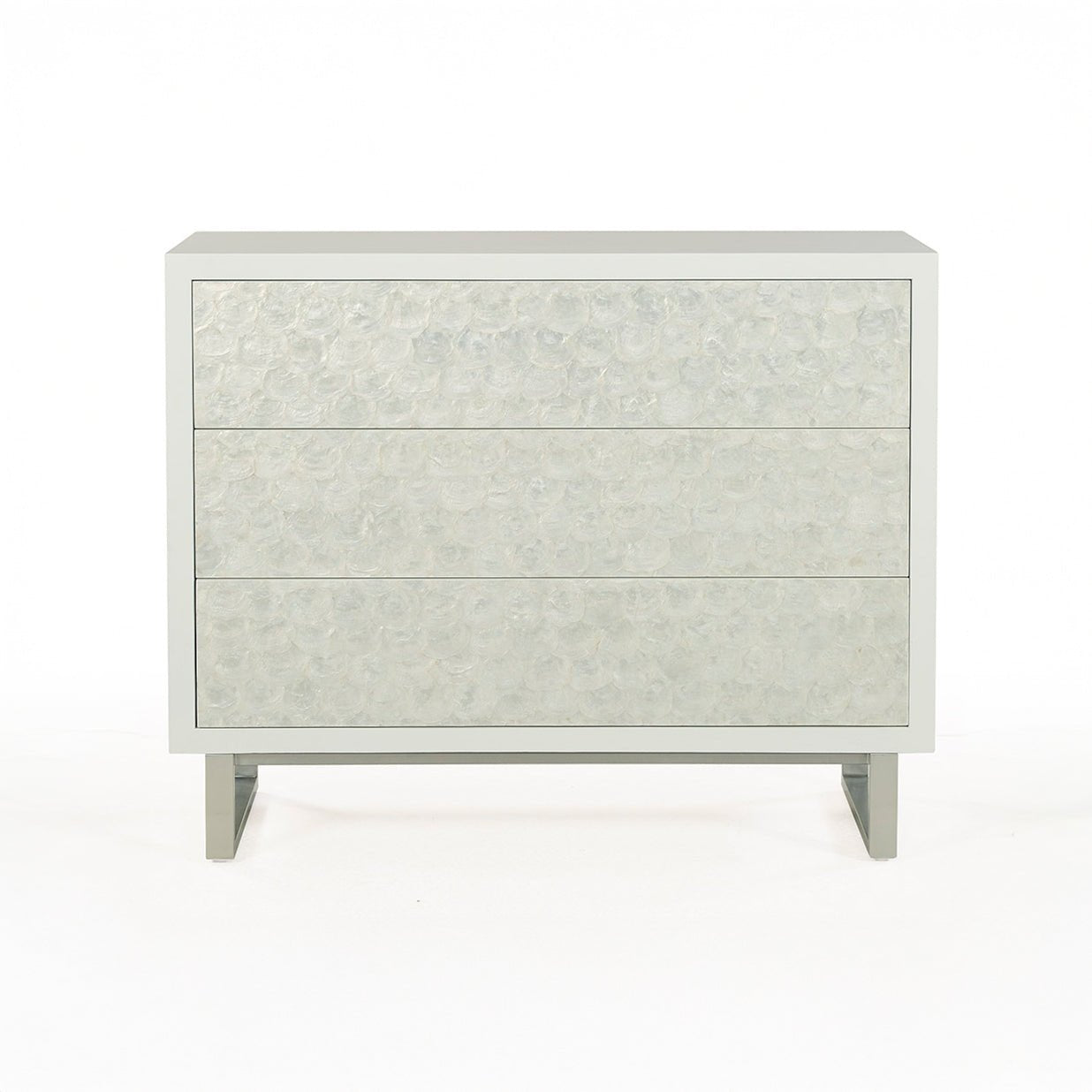 Glam minimalist chest of drawers, straight front view.