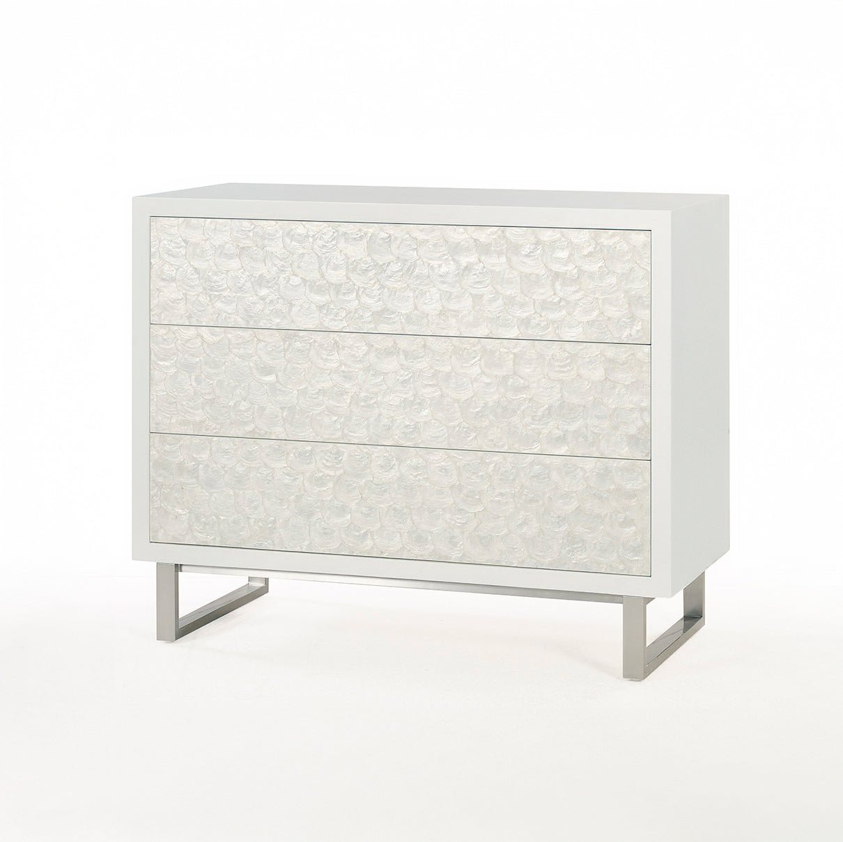 Glam minimalist chest of drawers, pristine front angle.
